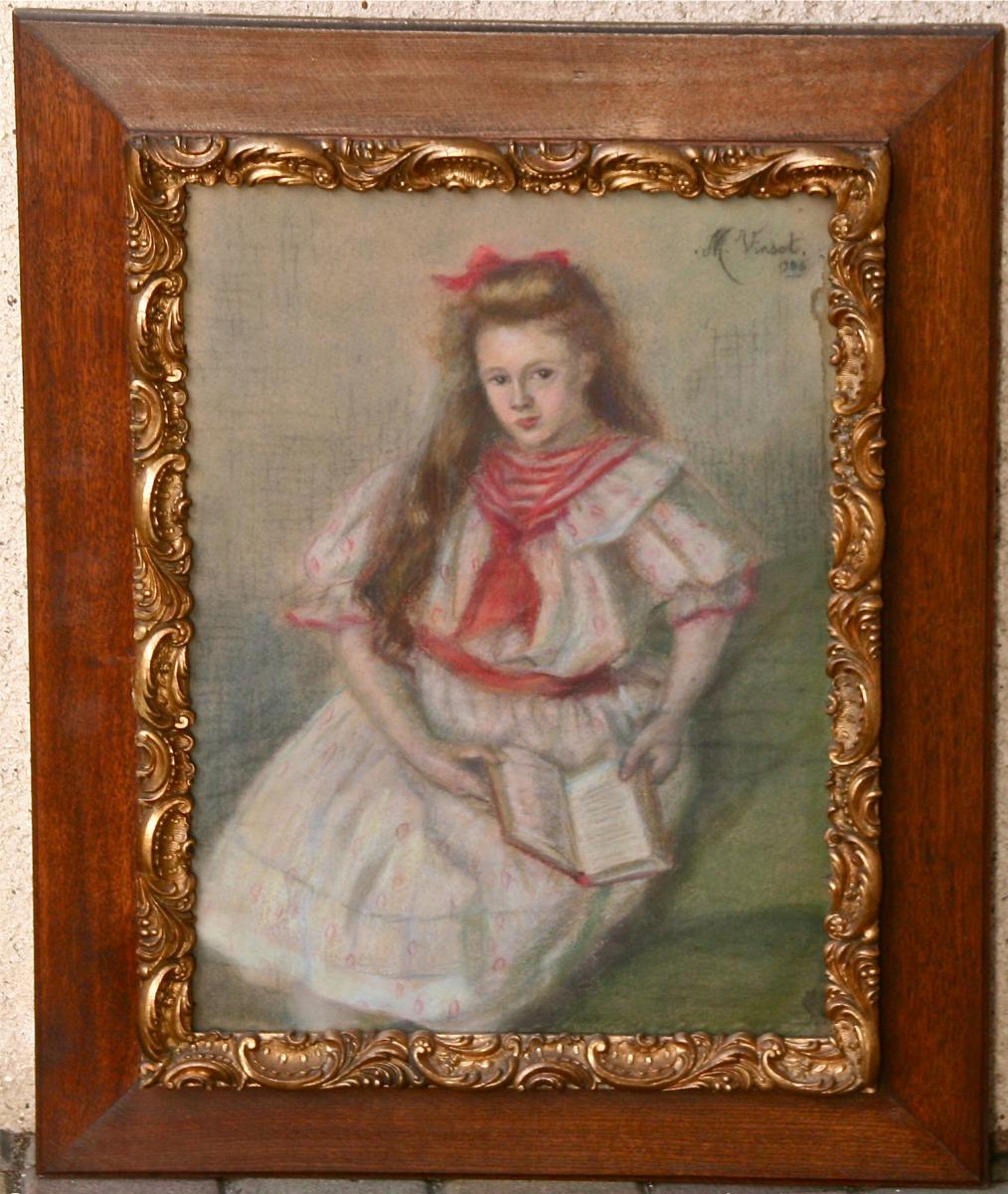 Pastel "portrait Of A Girl Sitting" By M. Vinsot 1906