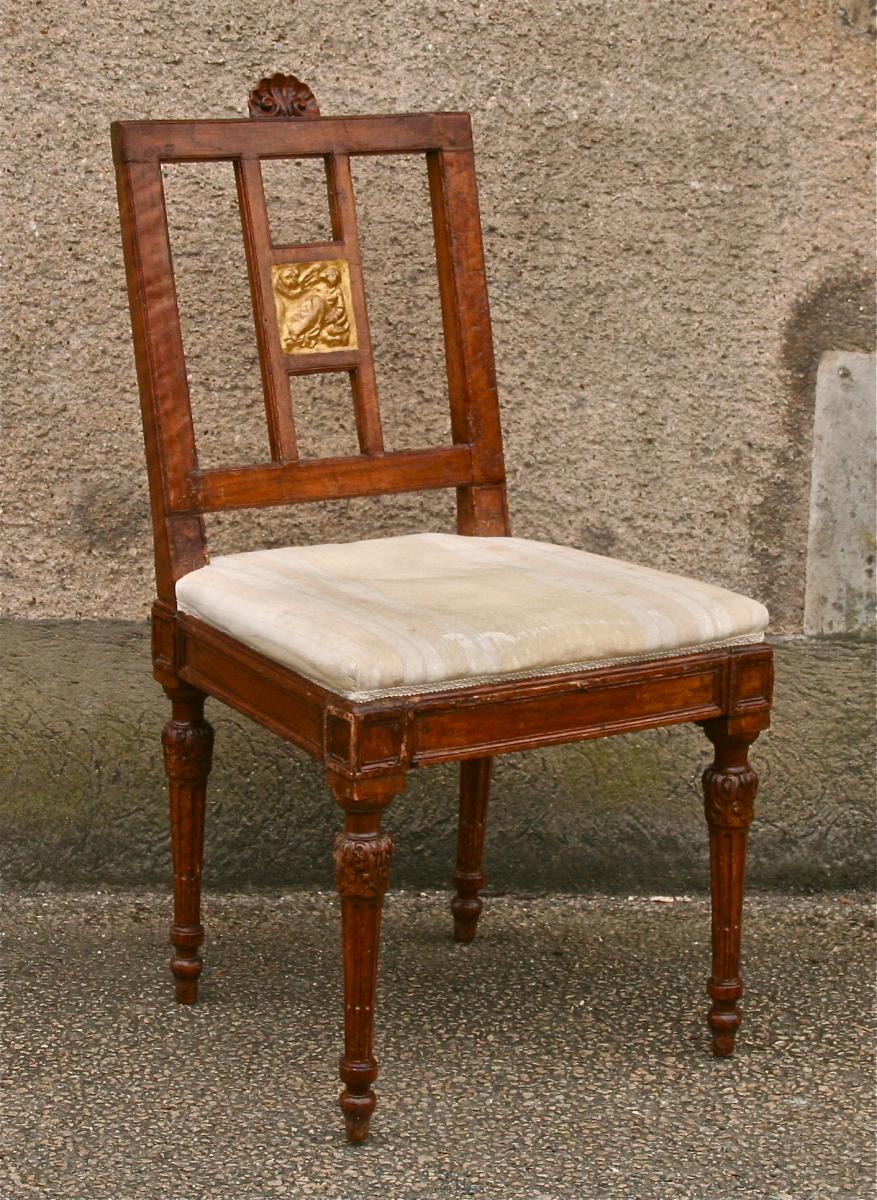 Six Sixteenth Century Chairs Louis XVI Carved Walnut And Golden Wood-photo-3