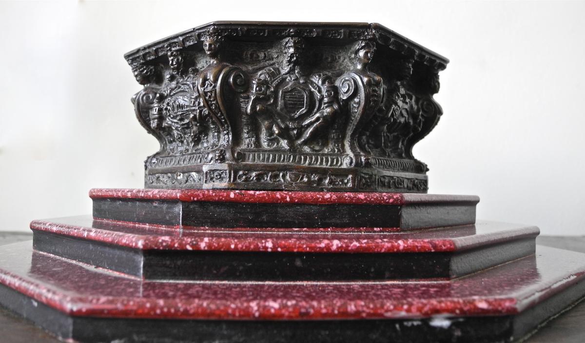 Nineteenth Bronze Mortar Cup On Porphyry Pedestal