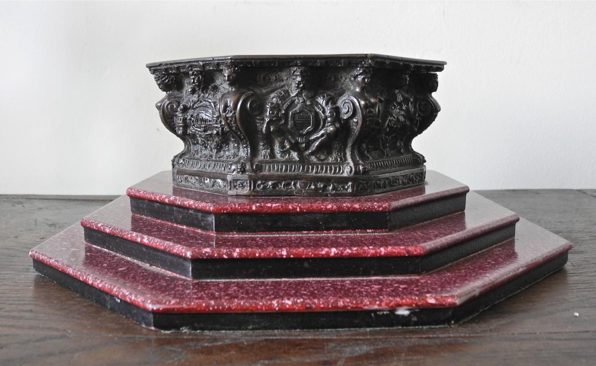 Nineteenth Bronze Mortar Cup On Porphyry Pedestal-photo-3