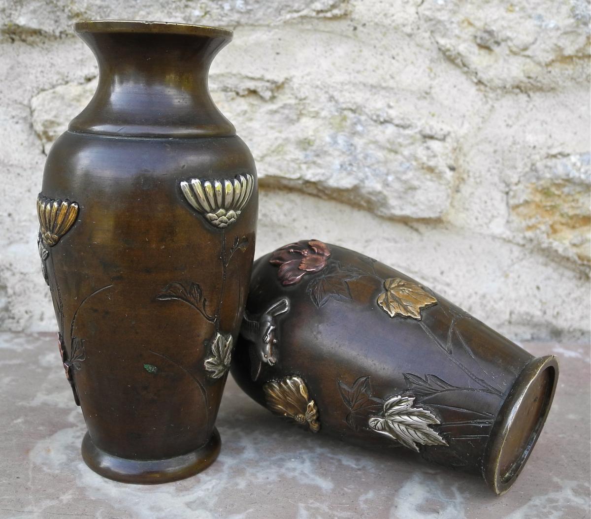 Paire De Vases Japon XIXème En Bronze-photo-3