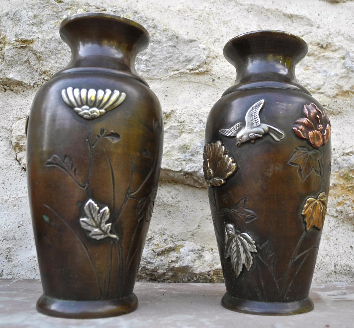 Paire De Vases Japon XIXème En Bronze-photo-5