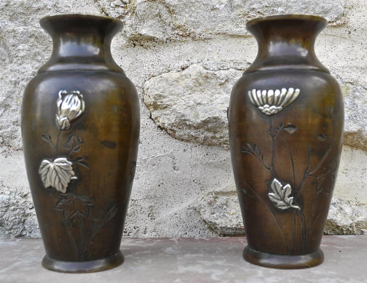 Paire De Vases Japon XIXème En Bronze-photo-6