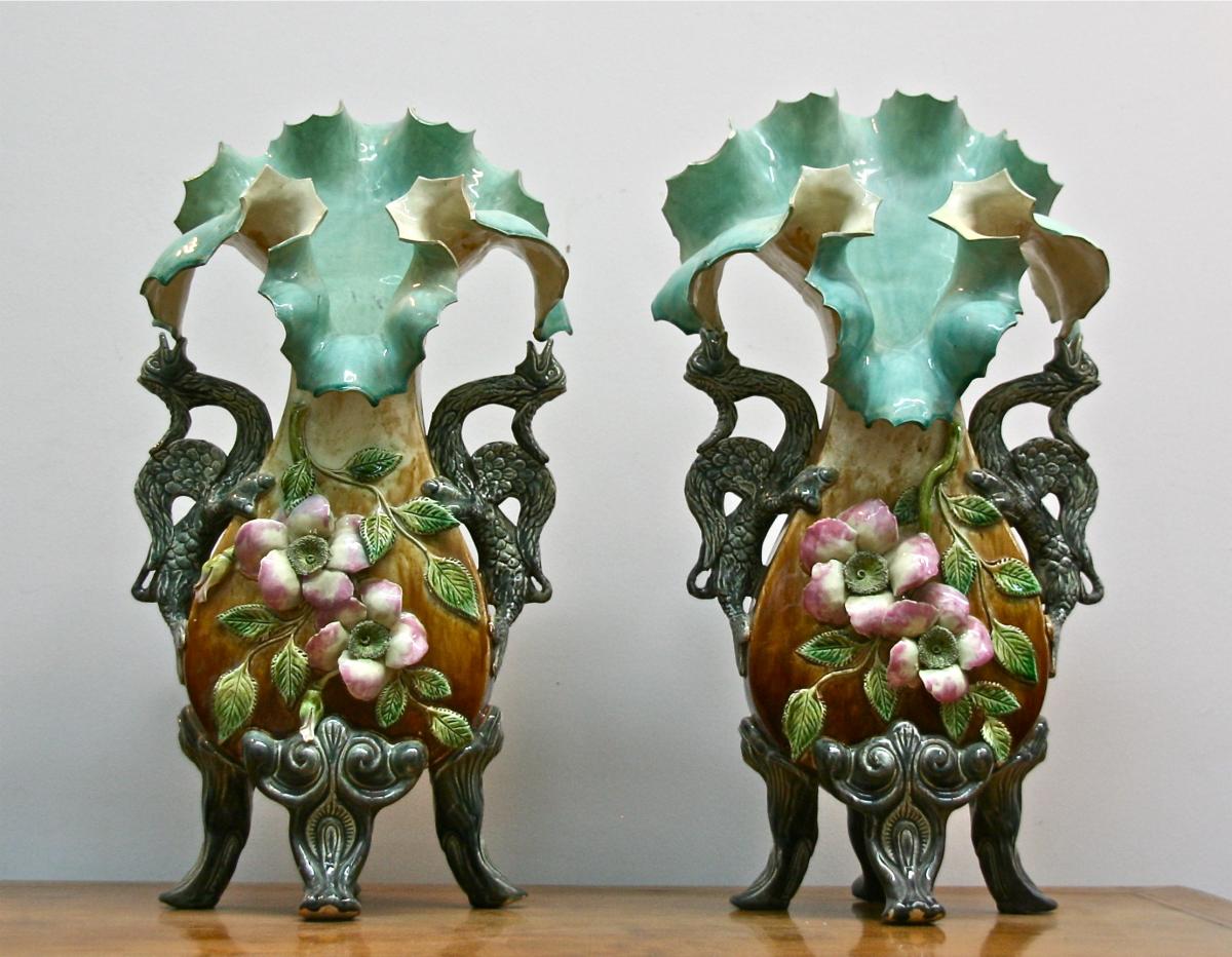 Pair Of Nineteenth Vases In Barbotine With Dragon