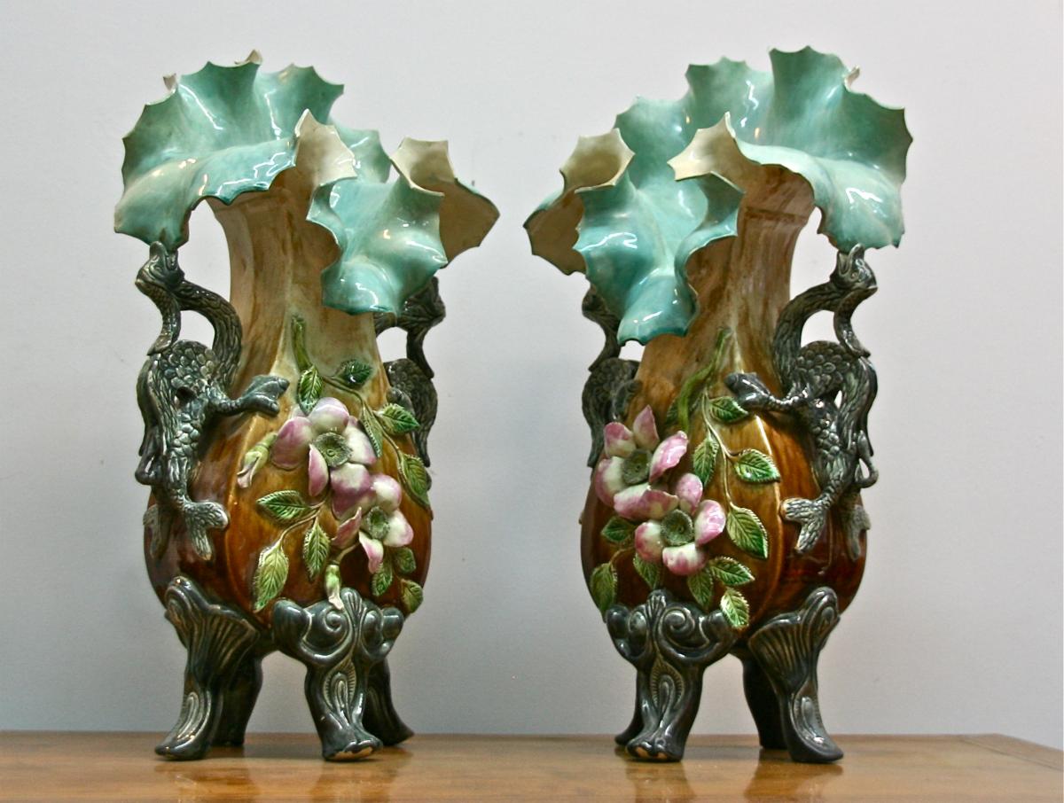 Paire De Vases XIXème En Barbotine Aux Dragons -photo-2