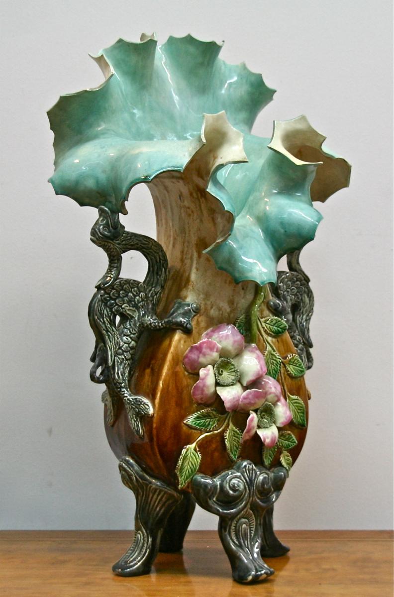 Paire De Vases XIXème En Barbotine Aux Dragons -photo-3