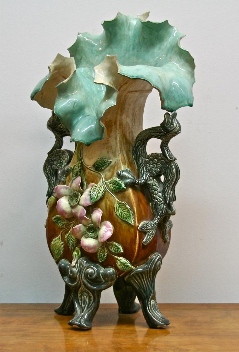 Paire De Vases XIXème En Barbotine Aux Dragons -photo-4