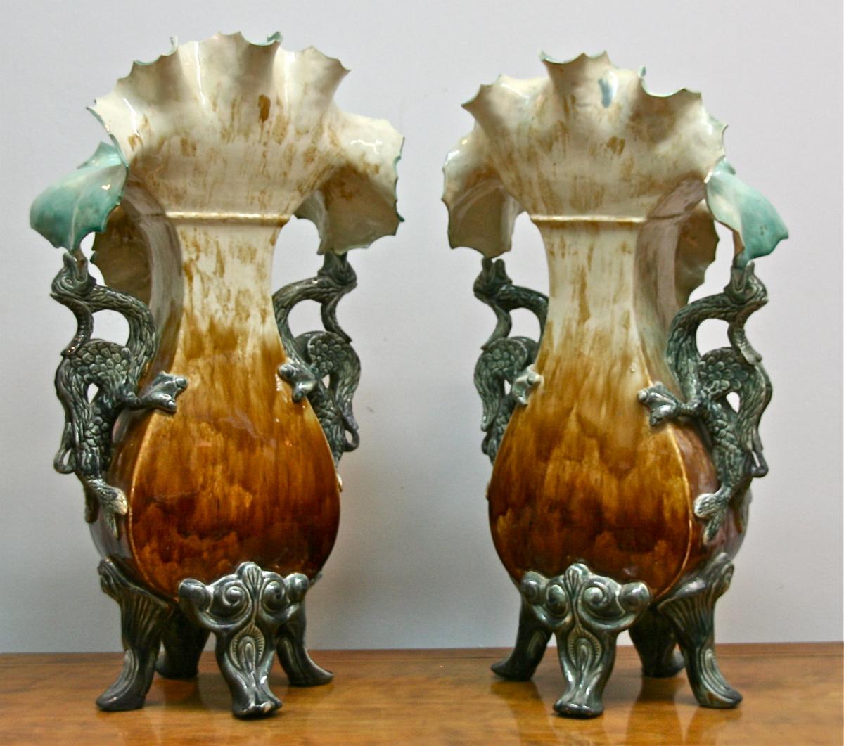 Pair Of Nineteenth Vases In Barbotine With Dragon-photo-8