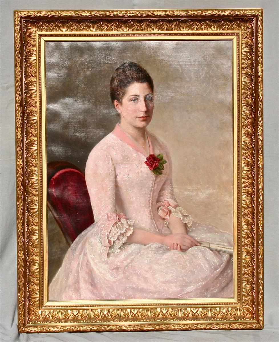 Nineteenth Painting Elegant Woman At The Rose, Golden Framing