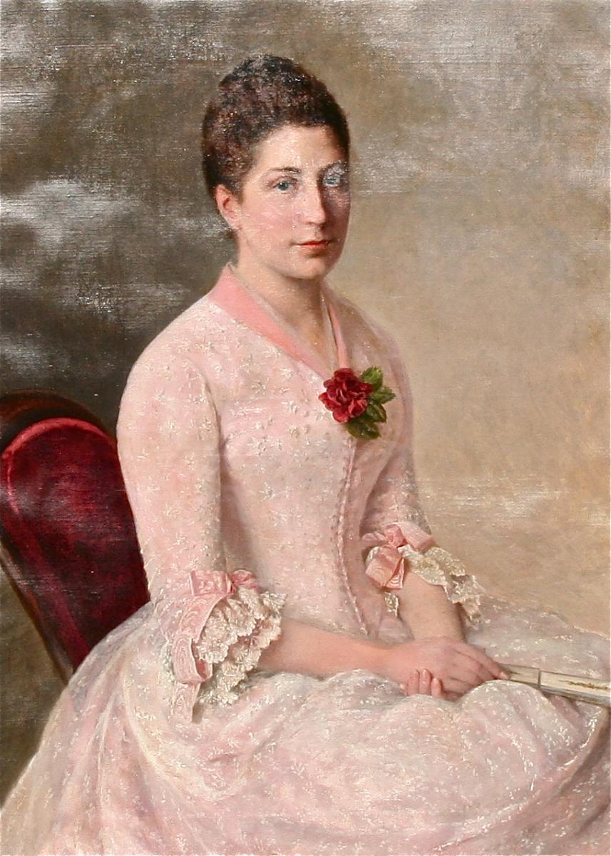 Peinture XIXème Femme élégante à La Rose, Encadrement Doré-photo-2