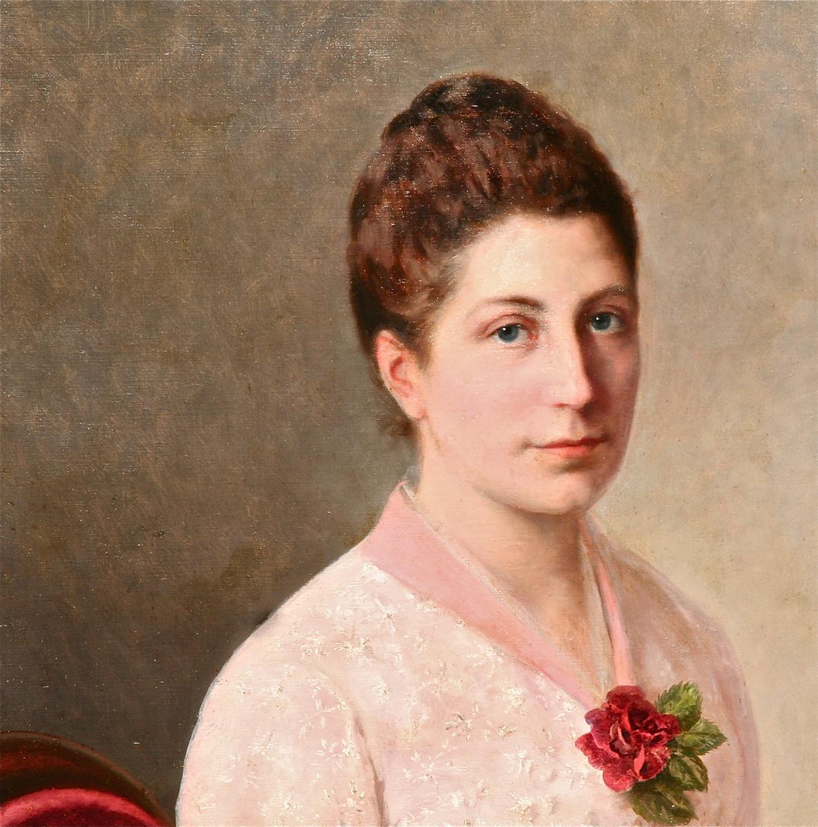 Nineteenth Painting Elegant Woman At The Rose, Golden Framing-photo-3