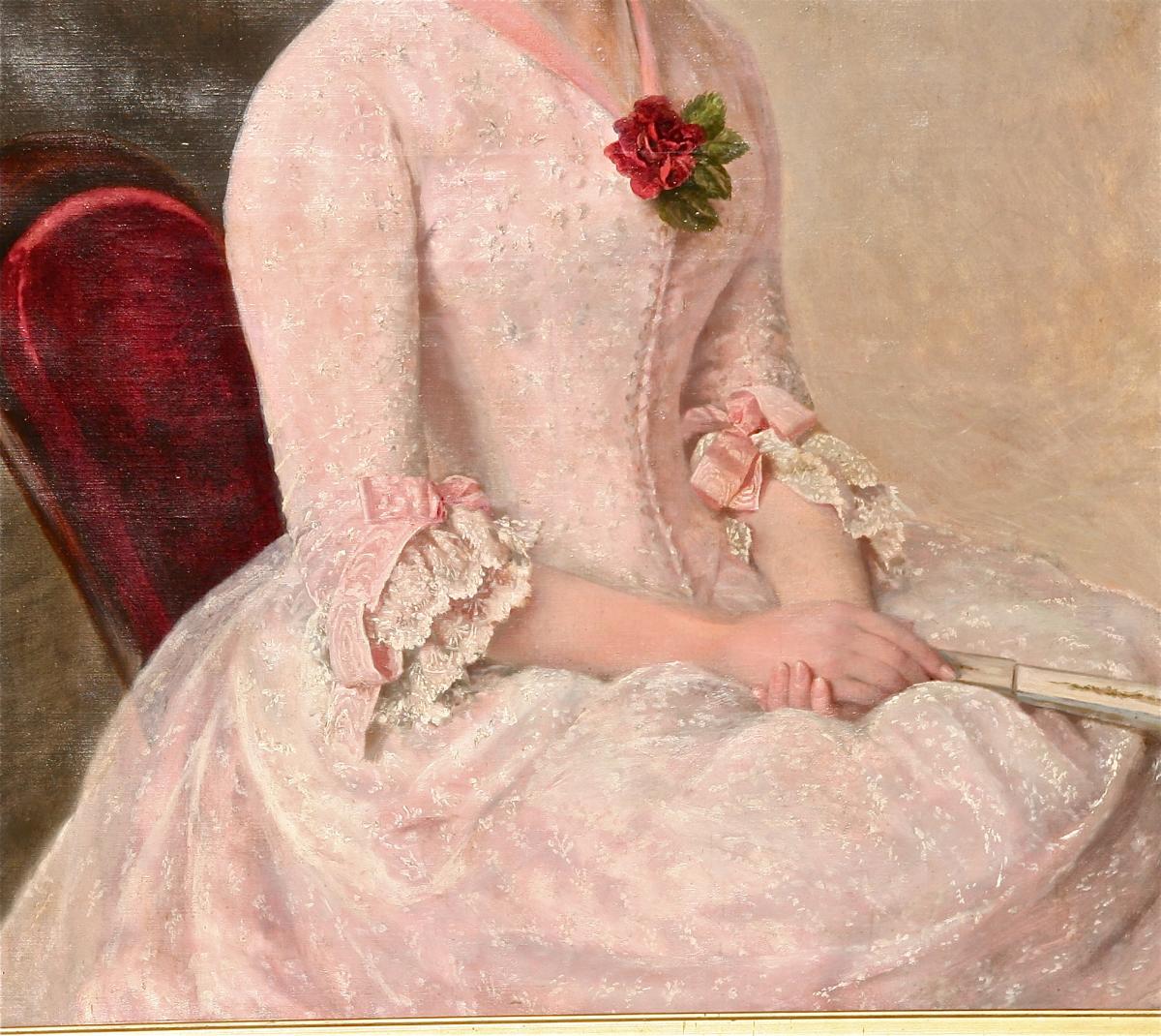 Peinture XIXème Femme élégante à La Rose, Encadrement Doré-photo-4