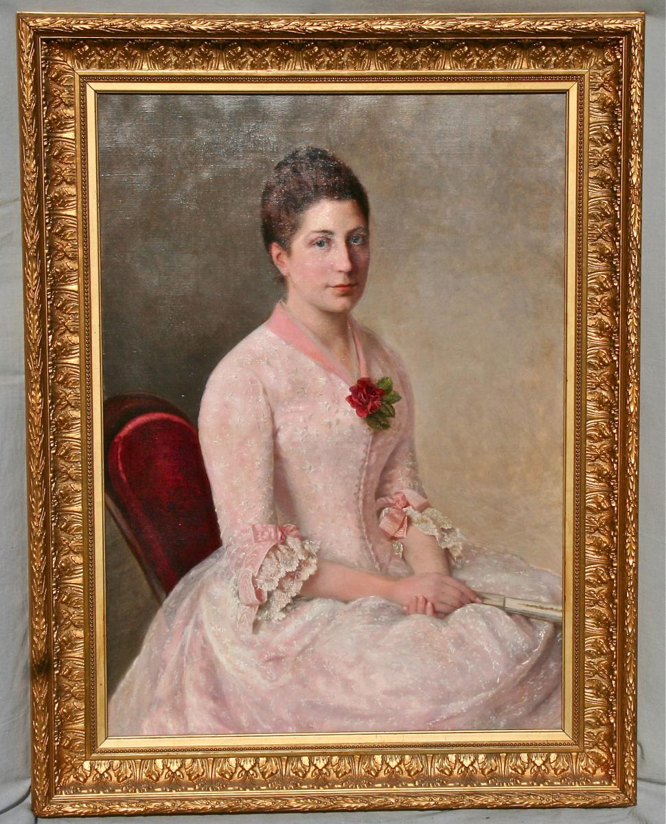 Nineteenth Painting Elegant Woman At The Rose, Golden Framing-photo-1