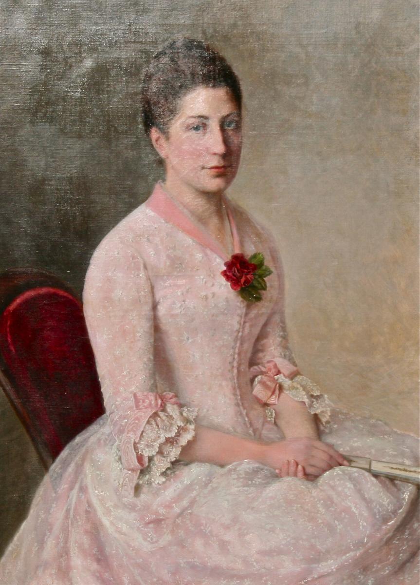Nineteenth Painting Elegant Woman At The Rose, Golden Framing-photo-2