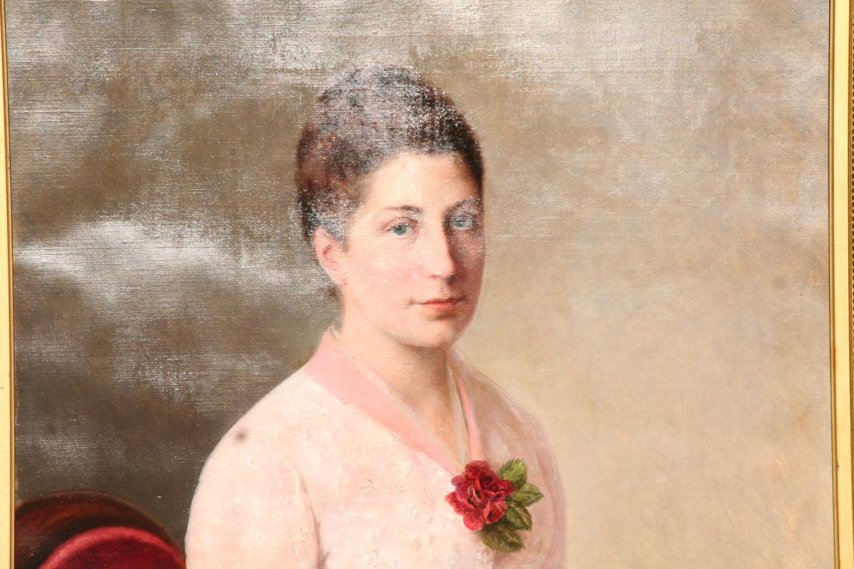 Nineteenth Painting Elegant Woman At The Rose, Golden Framing-photo-3