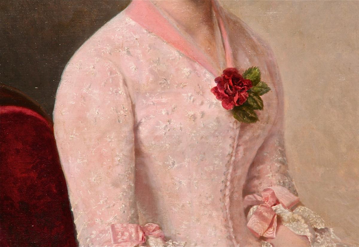 Peinture XIXème Femme élégante à La Rose, Encadrement Doré-photo-4