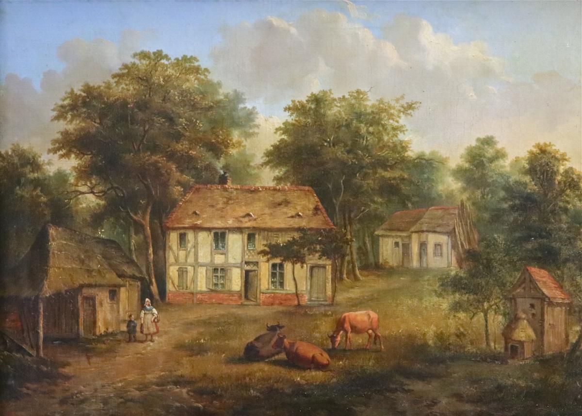 Peinture XIXème "scène De Ferme Animée" -photo-2