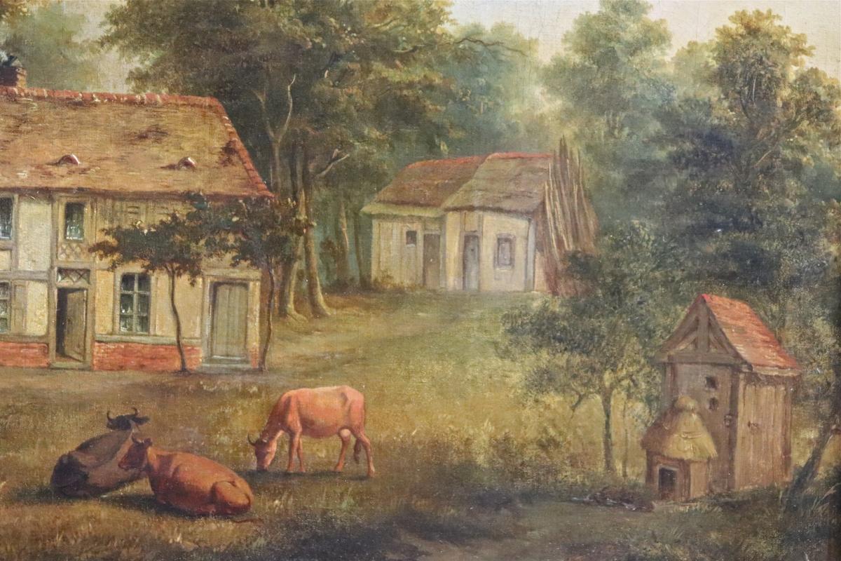 Peinture XIXème "scène De Ferme Animée" -photo-4