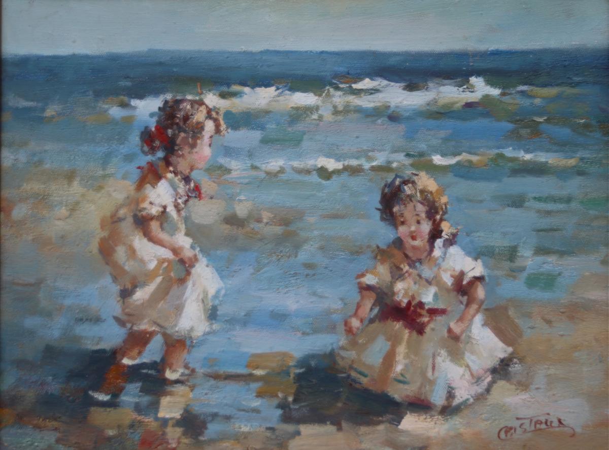 XXth Painting "children On The Beach" By Francis Cristaux-photo-2