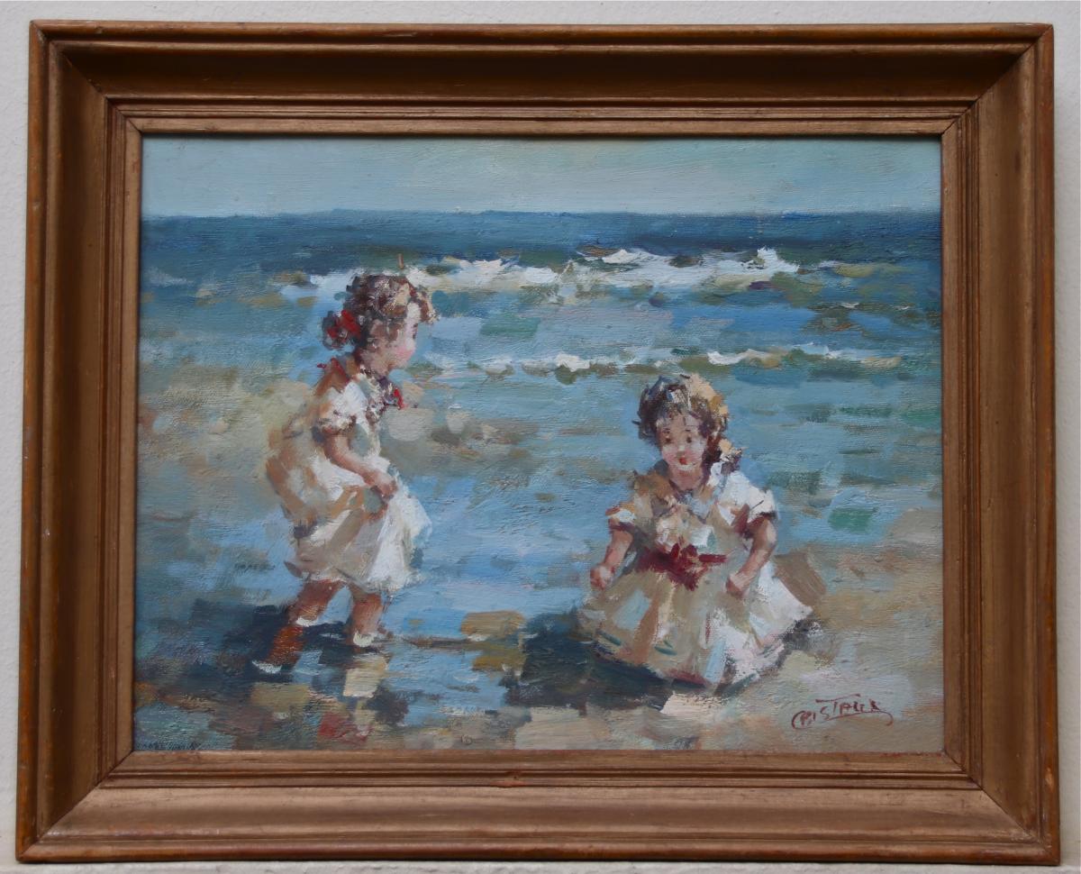 peinture XXème "enfants sur la plage " de Francis CRISTAUX-photo-1