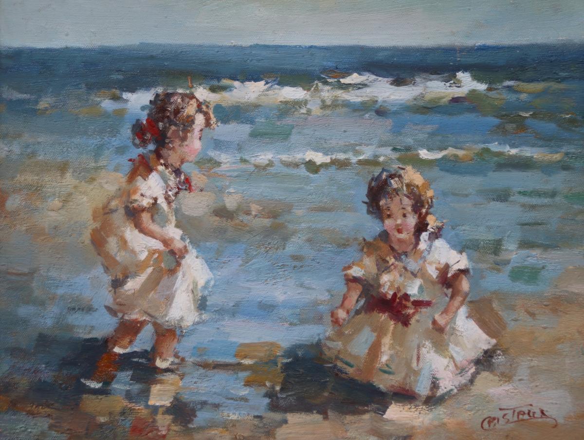 peinture XXème "enfants sur la plage " de Francis CRISTAUX-photo-2