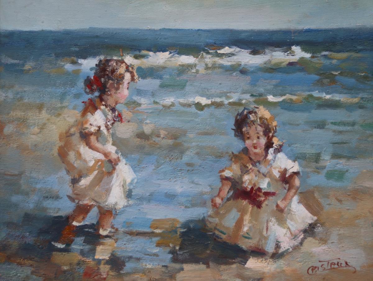 Proantic: peinture XXème enfants sur la plage  de Francis CRISTAUX