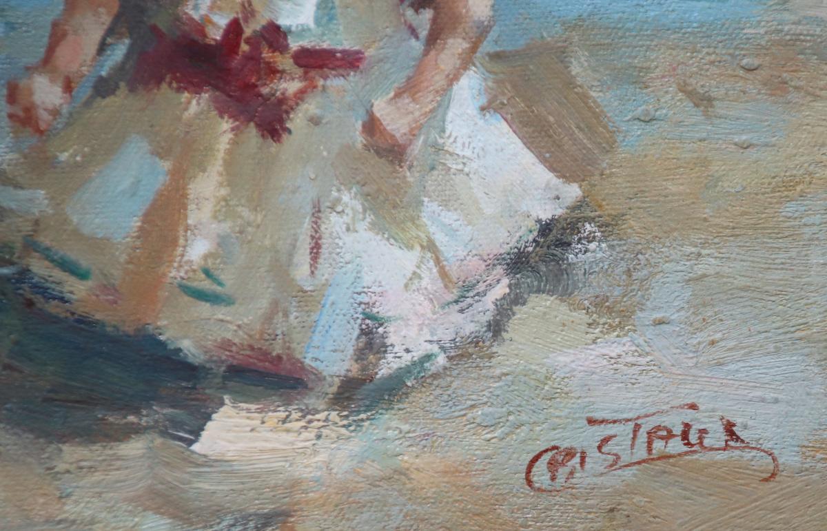 peinture XXème "enfants sur la plage " de Francis CRISTAUX-photo-3