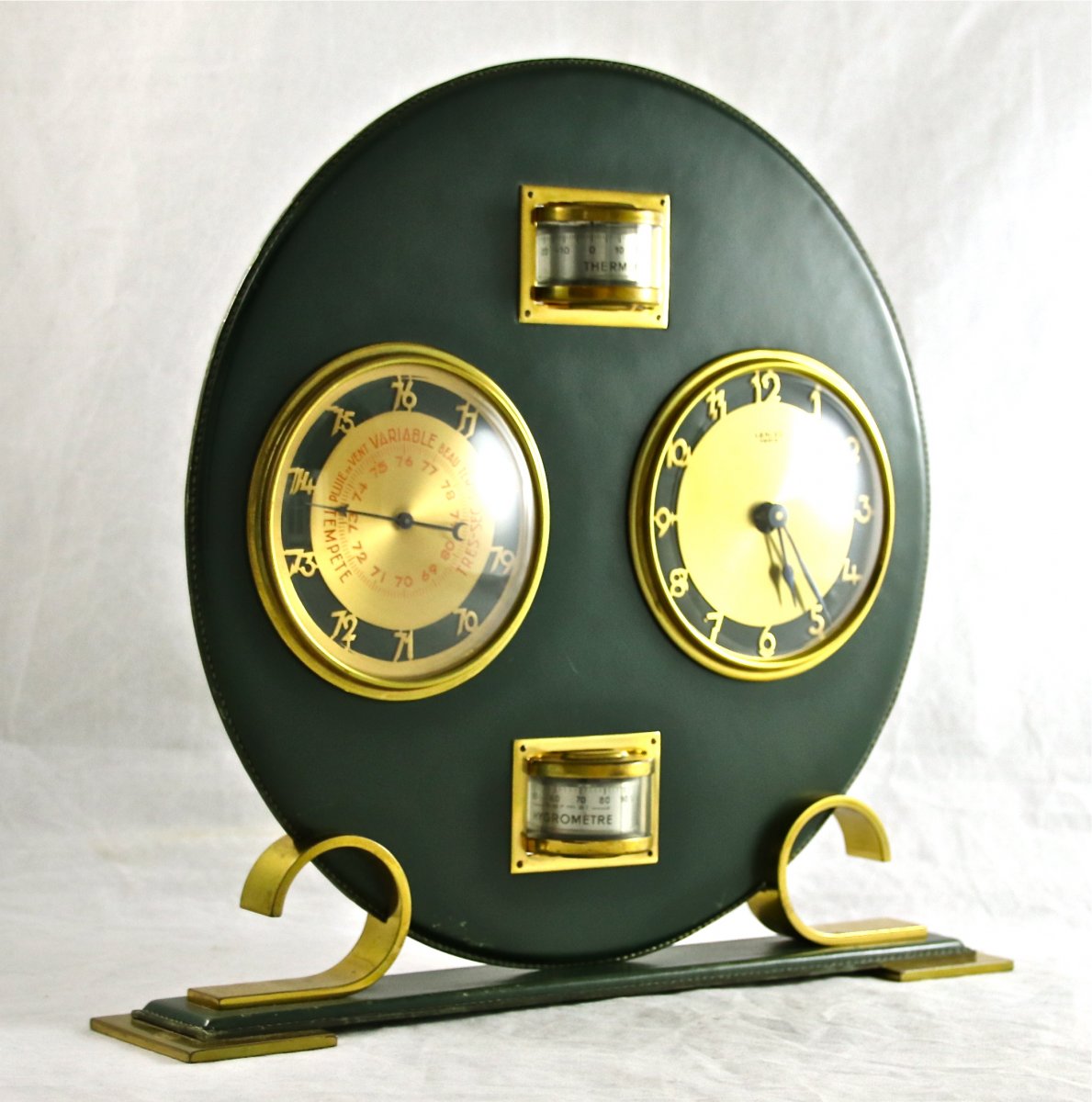 Lancel Clock Thermometer Barometer Leather 1950-photo-3