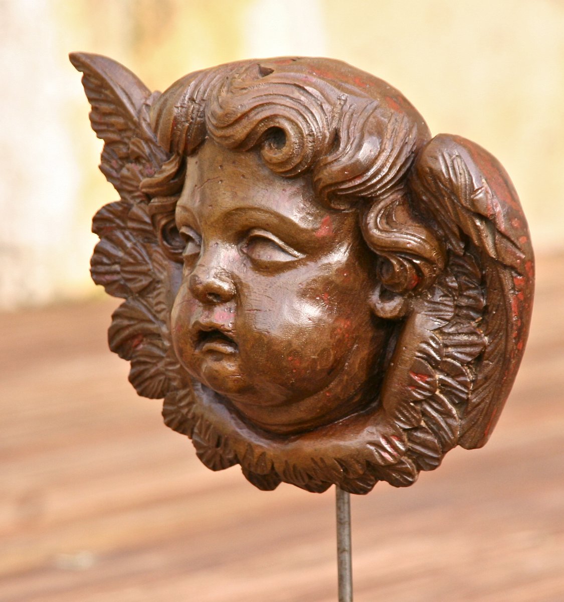 Tête d'Ange XVIIIème En Noyer Sculpté -photo-3