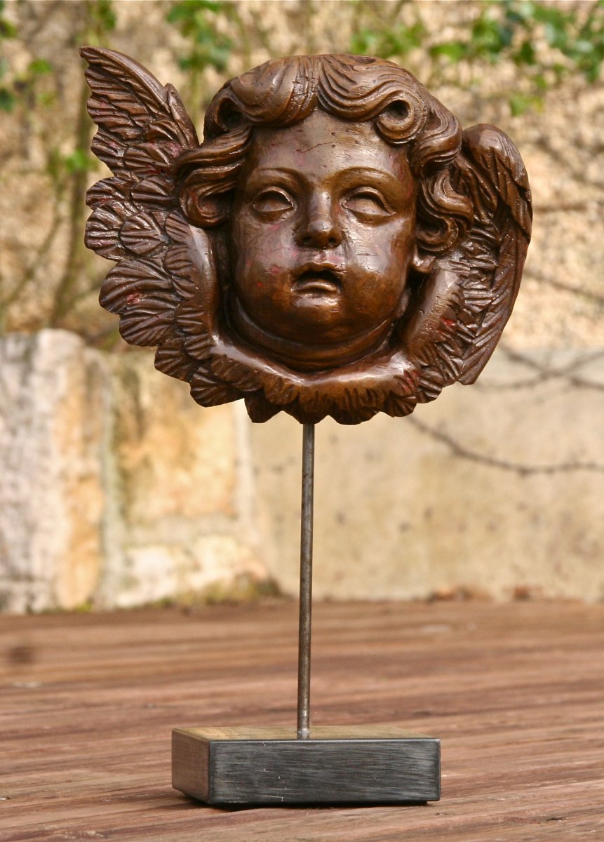 Tête d'Ange XVIIIème En Noyer Sculpté -photo-1