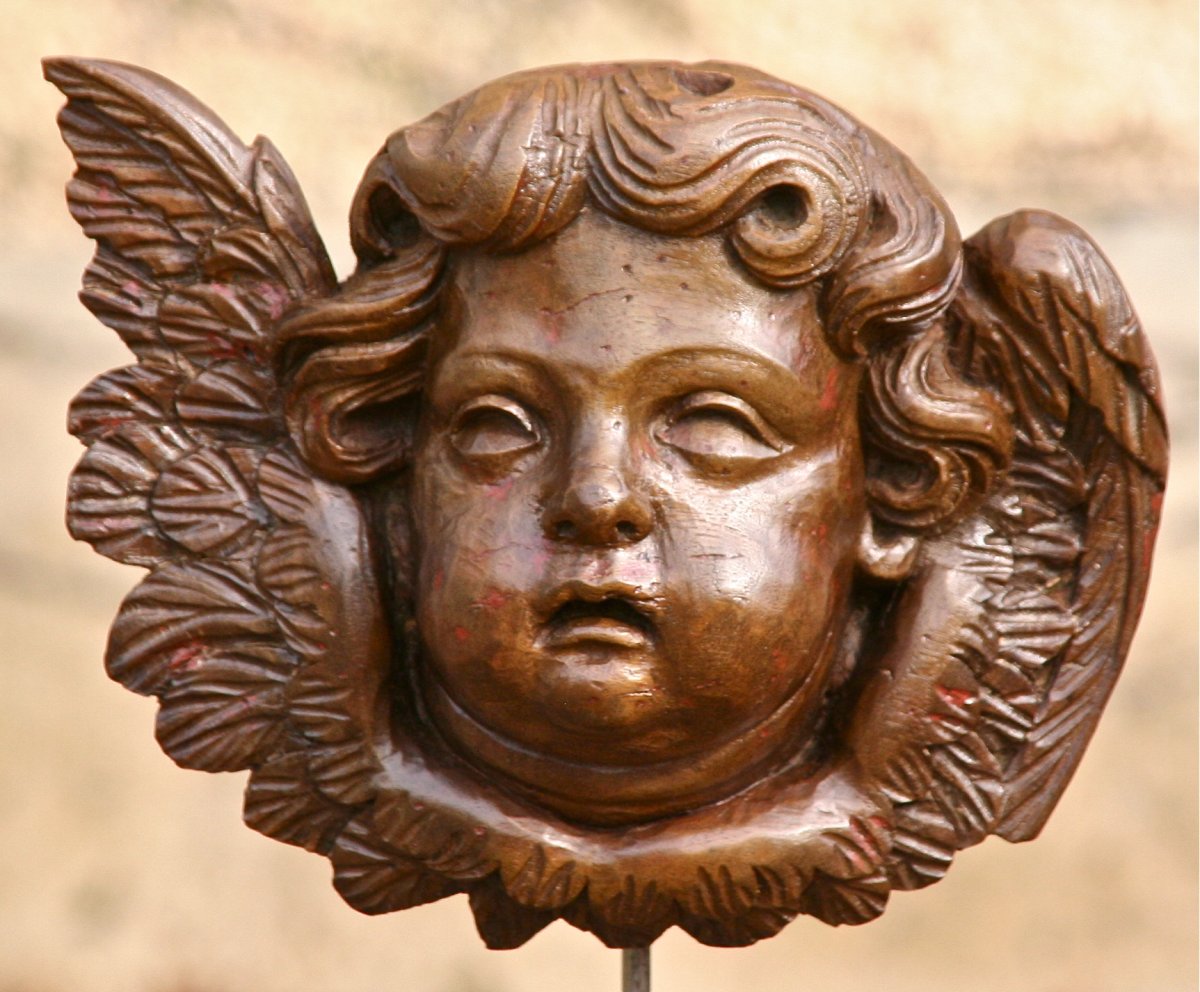 XVIIIth Angel Head In Carved Walnut-photo-2