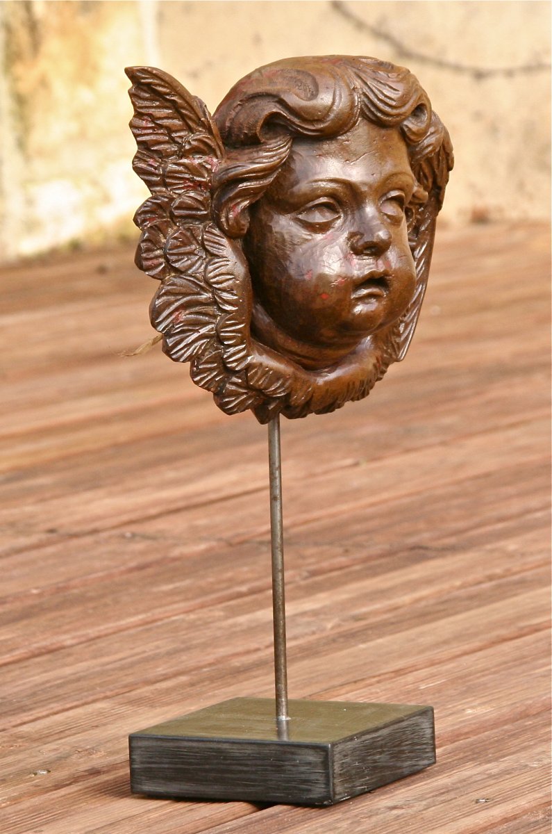 XVIIIth Angel Head In Carved Walnut-photo-4