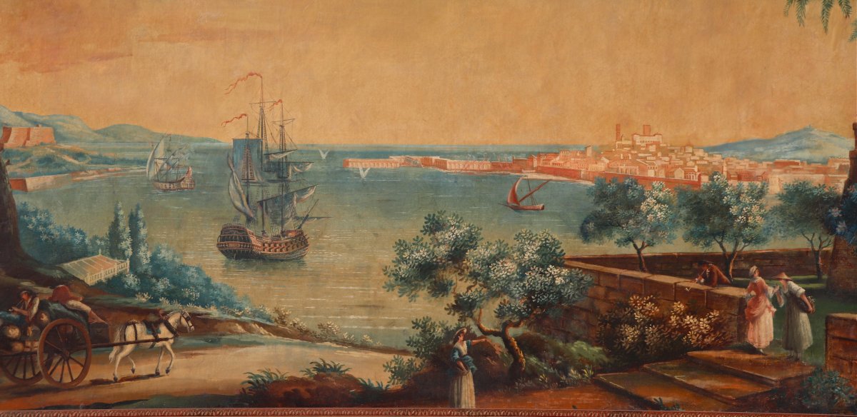 Large XIXth Marine Painting View Of The Port Of Antibes In The Spirit Of Vernet-photo-2