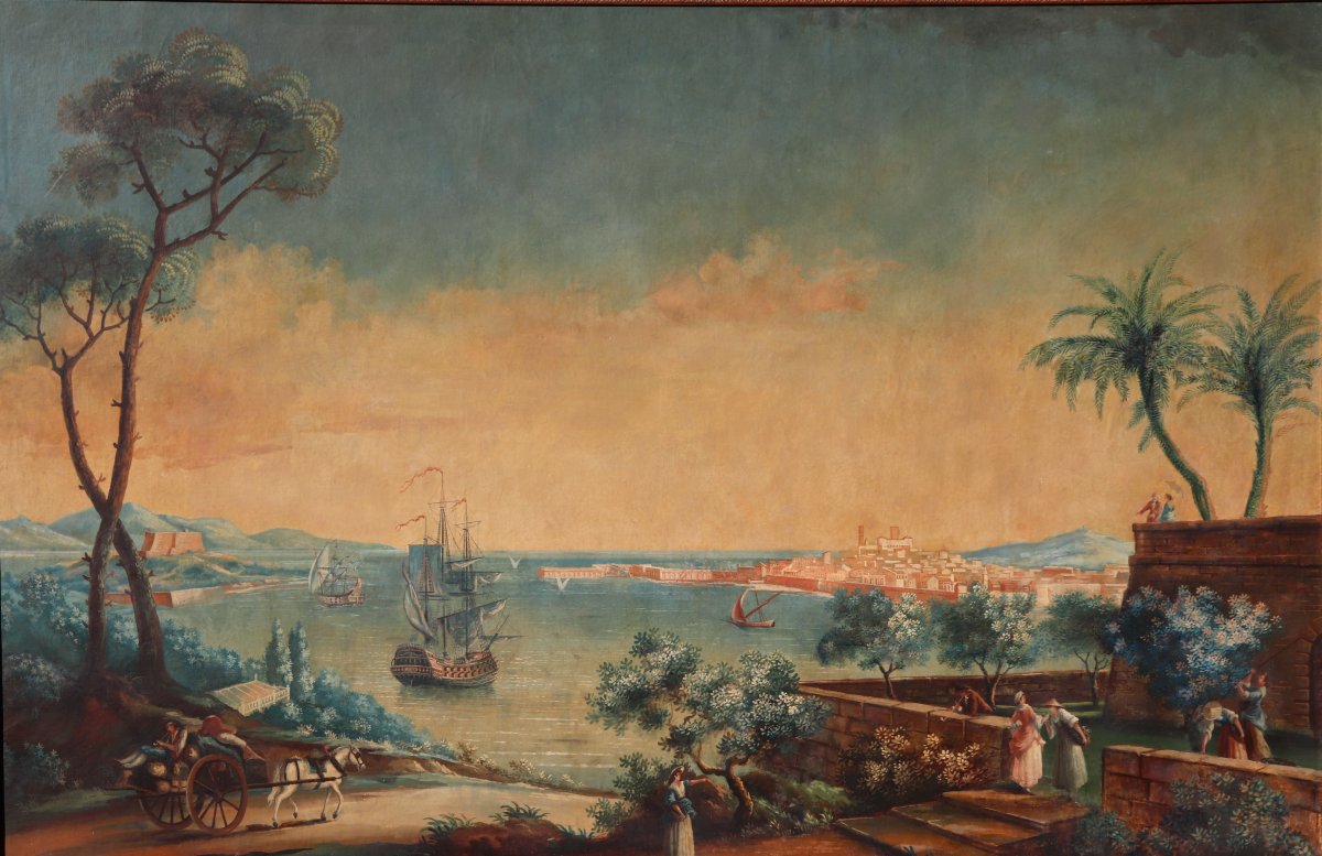 Large XIXth Marine Painting View Of The Port Of Antibes In The Spirit Of Vernet-photo-7