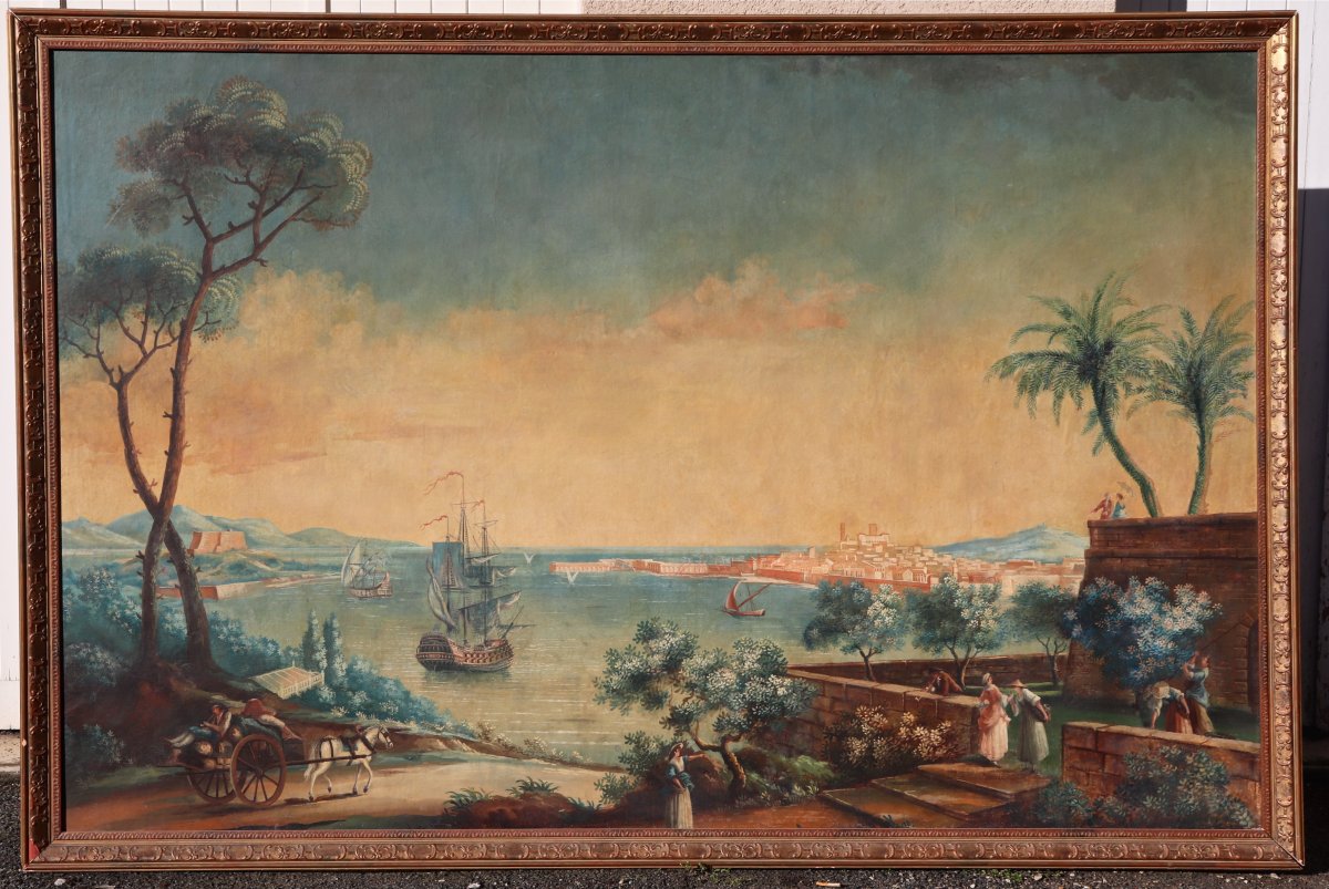 Grande Peinture Marine XIXème Vue Du Port d'Antibes Dans l'Esprit De Vernet