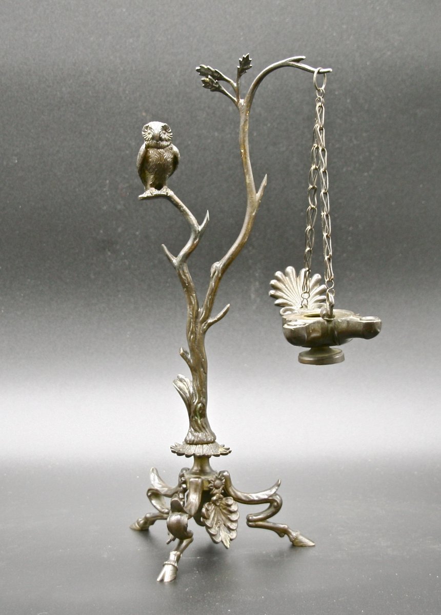 Oil Lamp With Owl In Bronze XIXth Time