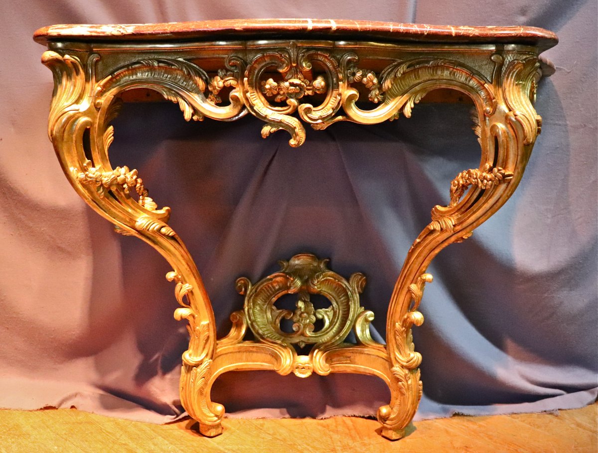 Console XVIIIème En Bois Doré Sculpté Et Ajouré-photo-3
