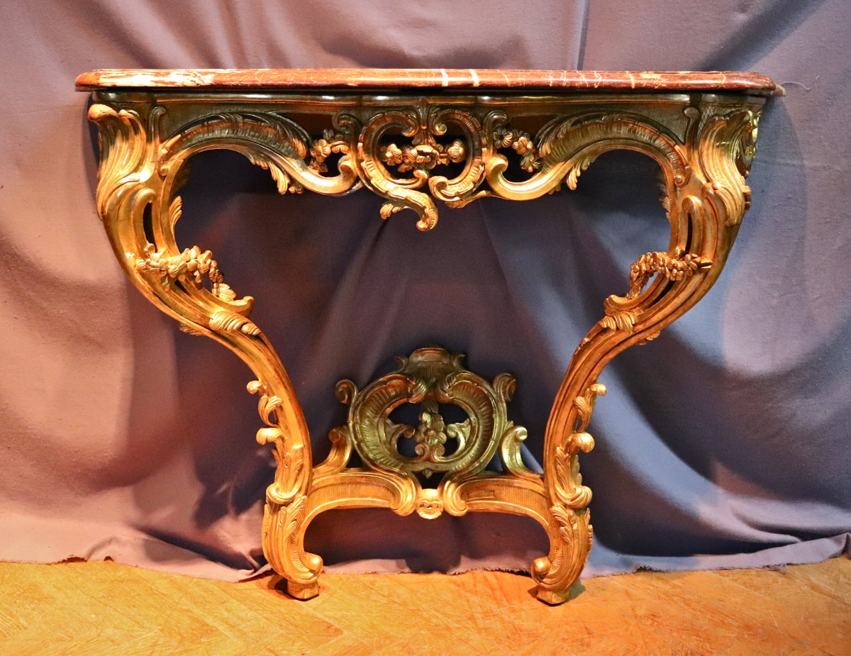 Console XVIIIème En Bois Doré Sculpté Et Ajouré