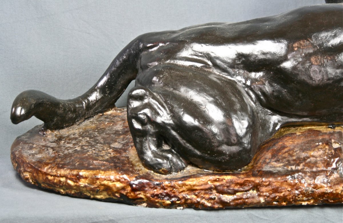 Large Panther Devouring A Hare XIX In Plaster Of Barye-photo-2