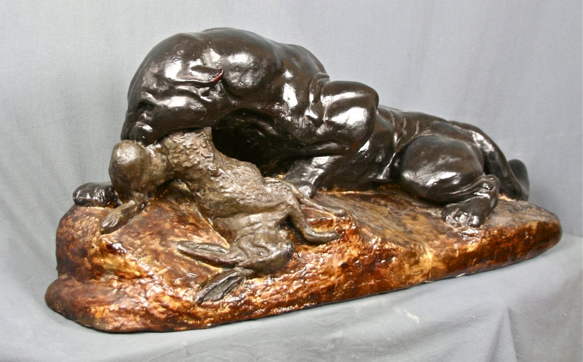 Large Panther Devouring A Hare XIX In Plaster Of Barye-photo-4