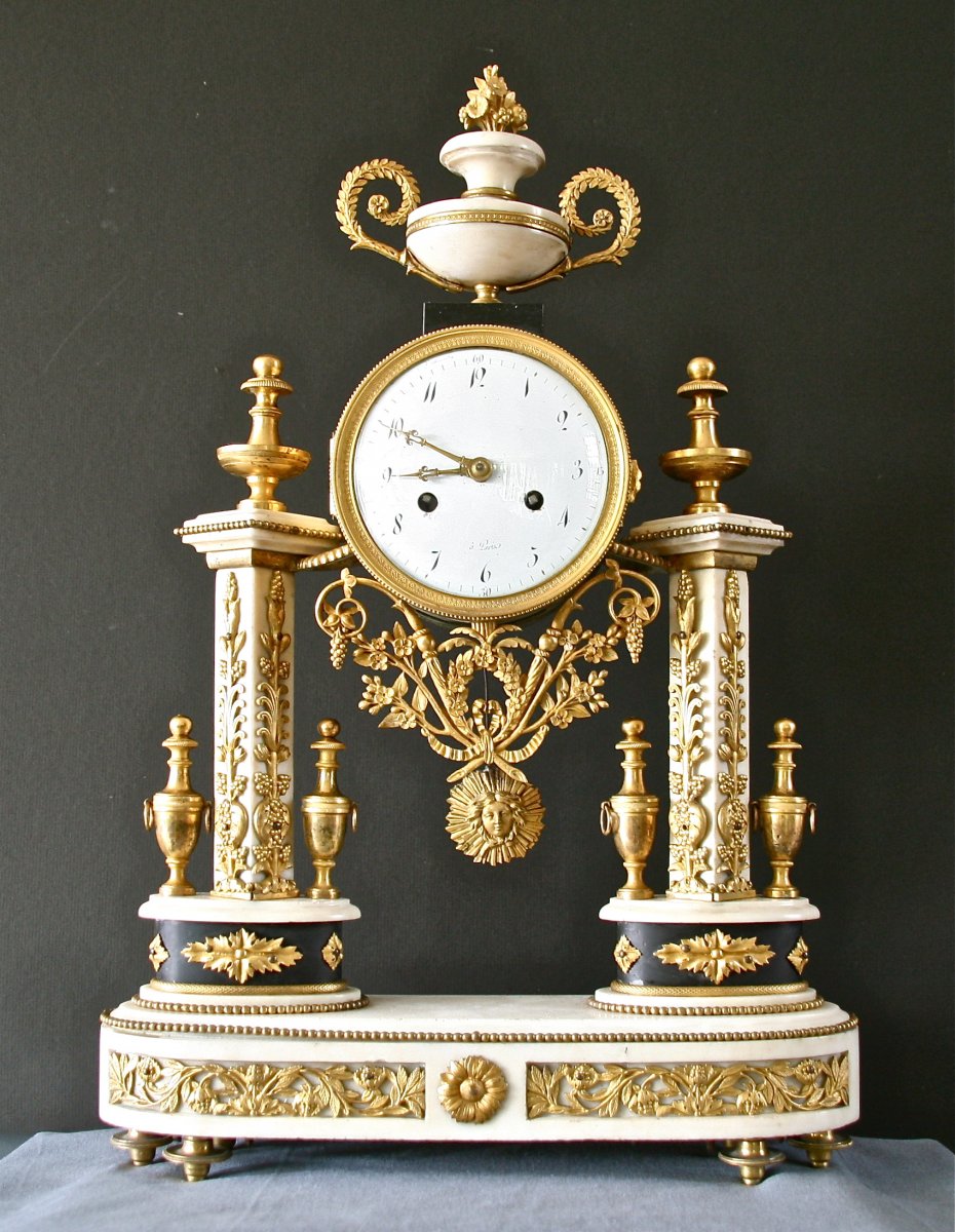 Louis XVI Portico Clock In Marble And Chiseled Bronze, 18th Century-photo-2