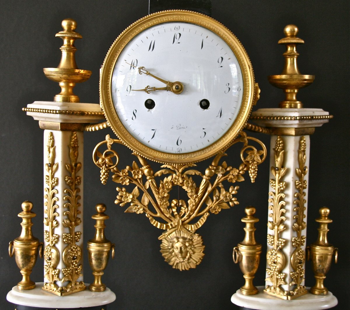 Louis XVI Portico Clock In Marble And Chiseled Bronze, 18th Century-photo-3