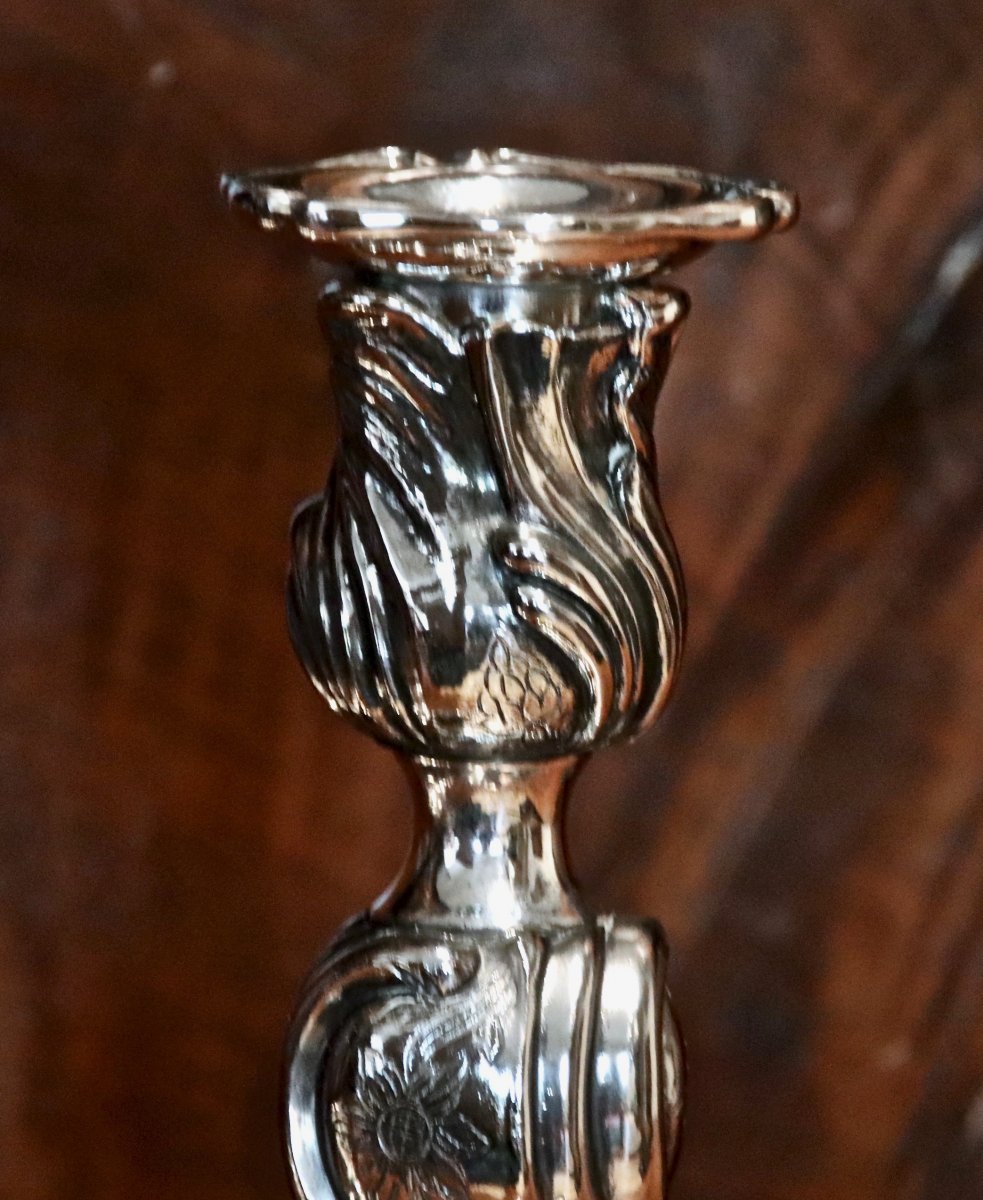 Paire De Bougeoirs Rocaille XIXème En Bronze Argenté -photo-8