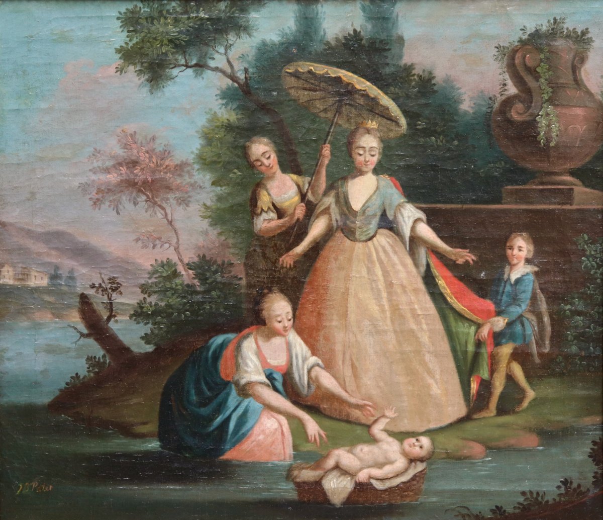 Peinture XVIIIème Moïse sauvé  Des Eaux-photo-2