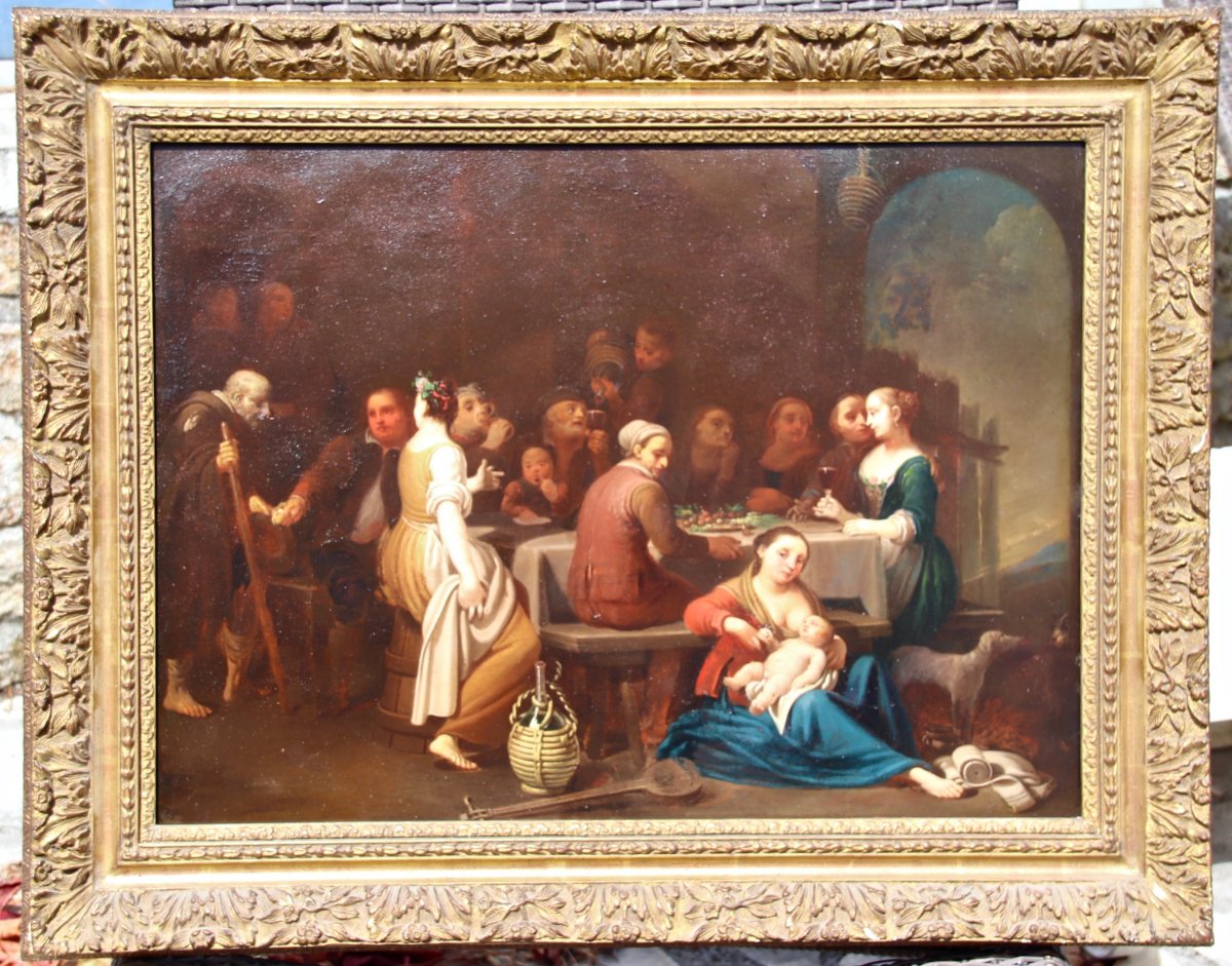 Grande Peinture Sur Cuivre XVIIème Scène De Fête 