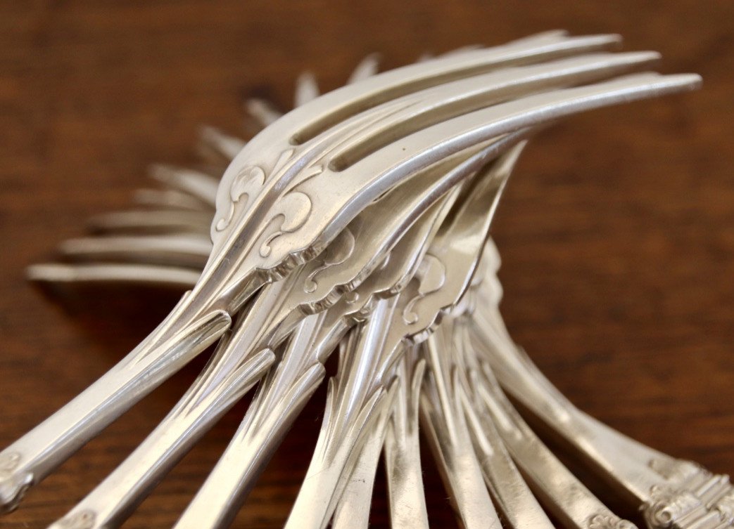 Suite Of 12 XIXth Forks In Sterling Silver From Cardeilhac-photo-3