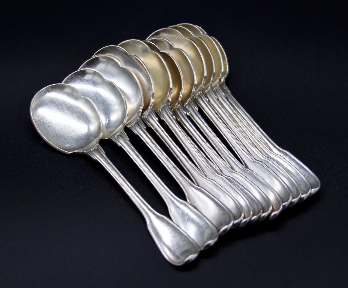 Suite Of 12 Ice Cream Spoons In Silver Metal