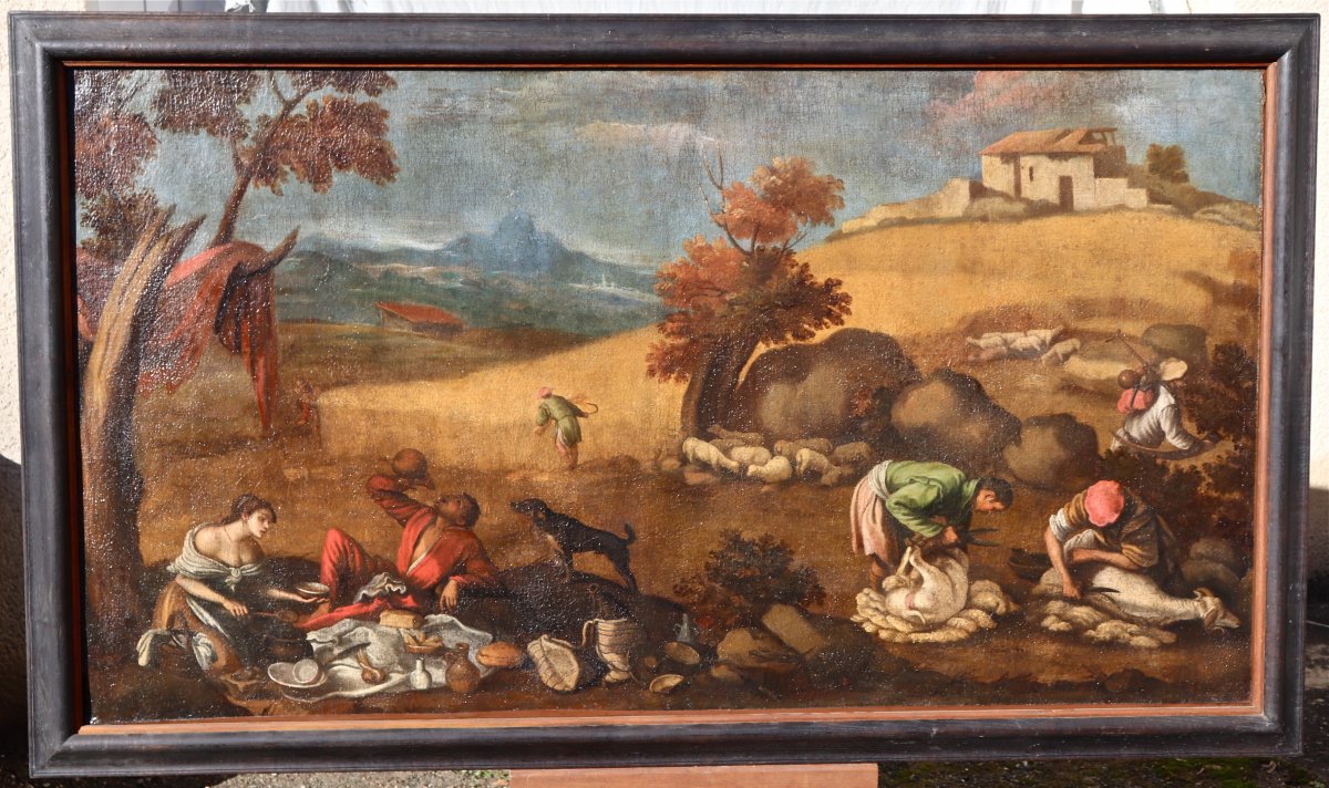 Grande Peinture XVIIème école De Francesco Bassano La Tonte Des Moutons-photo-3