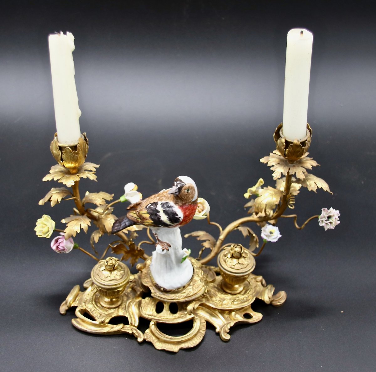 Nineteenth Bird Inkwell In Gilt Bronze And Porcelain-photo-4