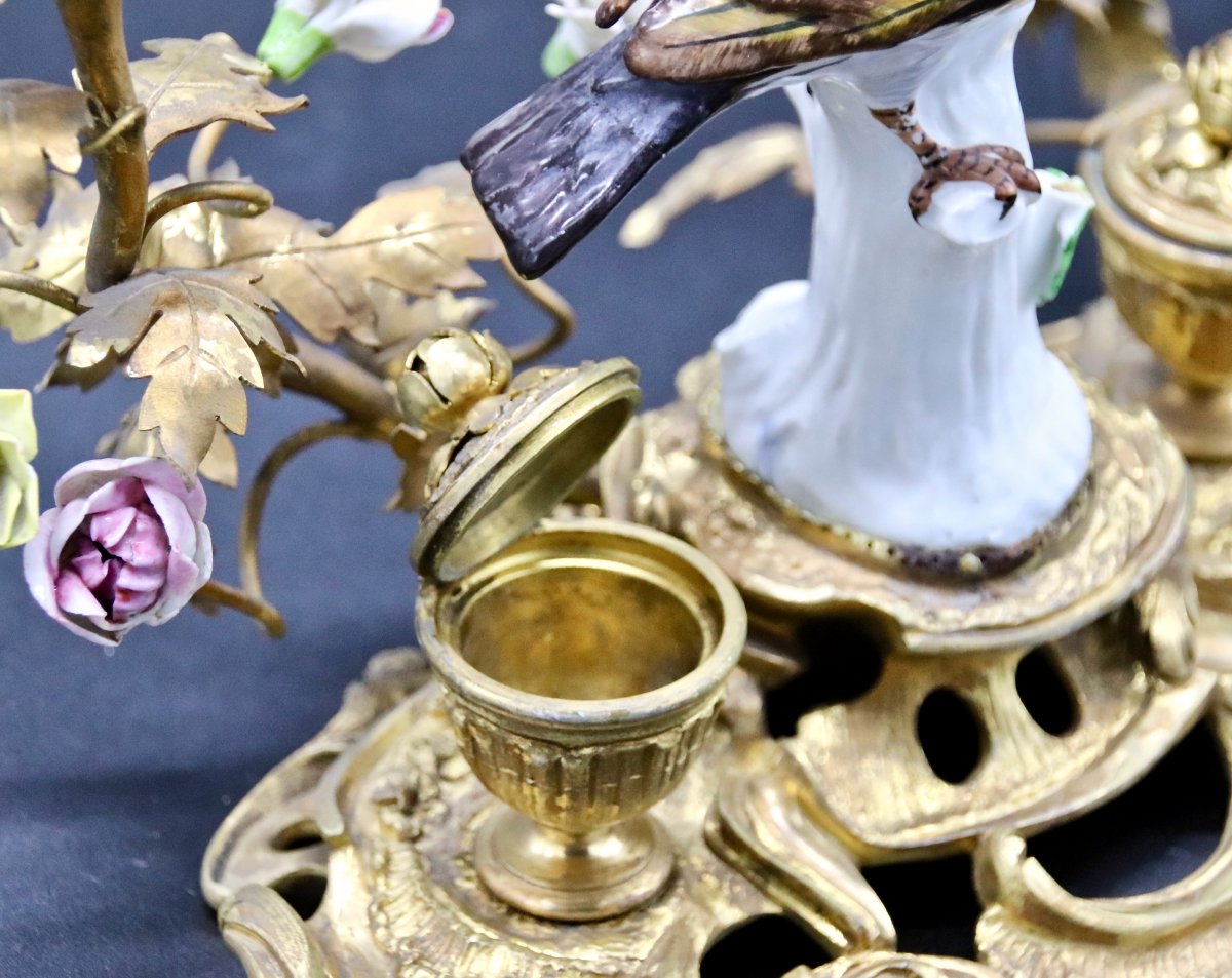 Nineteenth Bird Inkwell In Gilt Bronze And Porcelain-photo-7